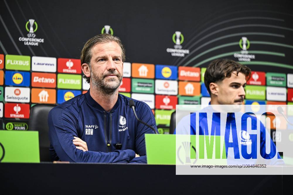 Rik De Mil, head coach of KAA Gent and Tiago Araujo of KAA Gent pictured at a press conference, PK, Pressekonferenz of Belgian soccer team KAA Gent, Wednesday 21 October 2026 in Braga, Portugal. The team is preparing for the second match of the UEFA Conference League league phase against Portuguese SC Braga tomorrow. TOM GOYVAERTS TomxGoyvaerts x190514049x