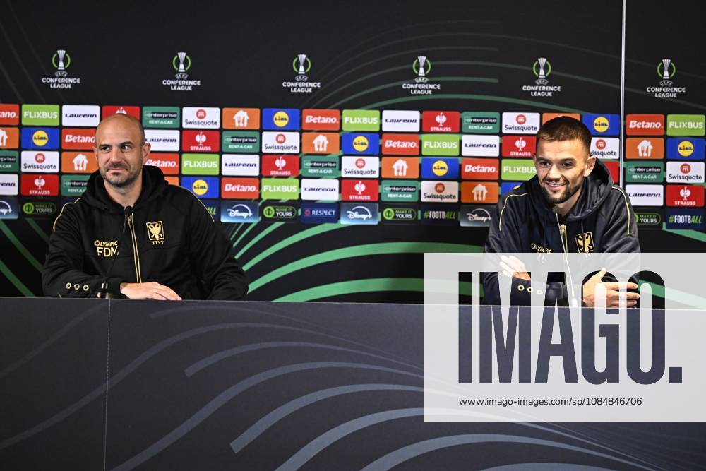 FC Midtjylland v Sint-Truidense VV - UEFA Conference League Media Activities 21 10 2026 HERNING, DENMARK - OCTOBER 21 : De Meyer Frederic head coach of Sint-Truidense VV and Musliu Visar defender of Sint-Truidense VV speaking with the media during a pre-match press conference, PK, Pressekonferenz ahead of the UEFA Conference League 2026 27 League Phase matchday 2 match between FC Midtjylland and Sint-Truidense VV on October 21, 2026 in Herning, Denmark, 21 10 2026 Herning Denmark
