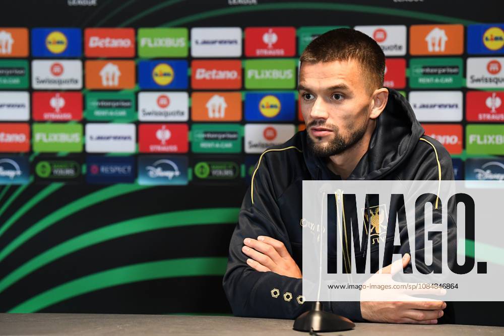 STVV s Visar Musliu pictured during a press conference, PK, Pressekonferenz of Belgian soccer team Sint-Truidense VV, Wednesday 21 October 2026 in Herning, Denmark, in preparation of tomorrow s game against Danish FC Midtjylland on the second day of the UEFA Conference League league phase. JILLxDELSAUX x190514599x