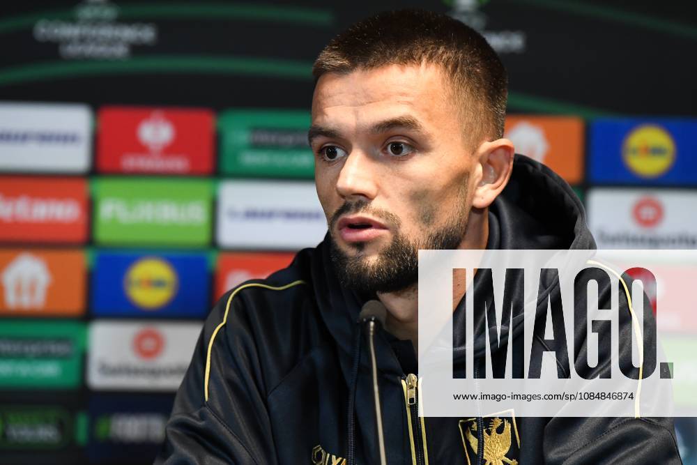 STVV s Visar Musliu pictured during a press conference, PK, Pressekonferenz of Belgian soccer team Sint-Truidense VV, Wednesday 21 October 2026 in Herning, Denmark, in preparation of tomorrow s game against Danish FC Midtjylland on the second day of the UEFA Conference League league phase. JILLxDELSAUX x190514649x