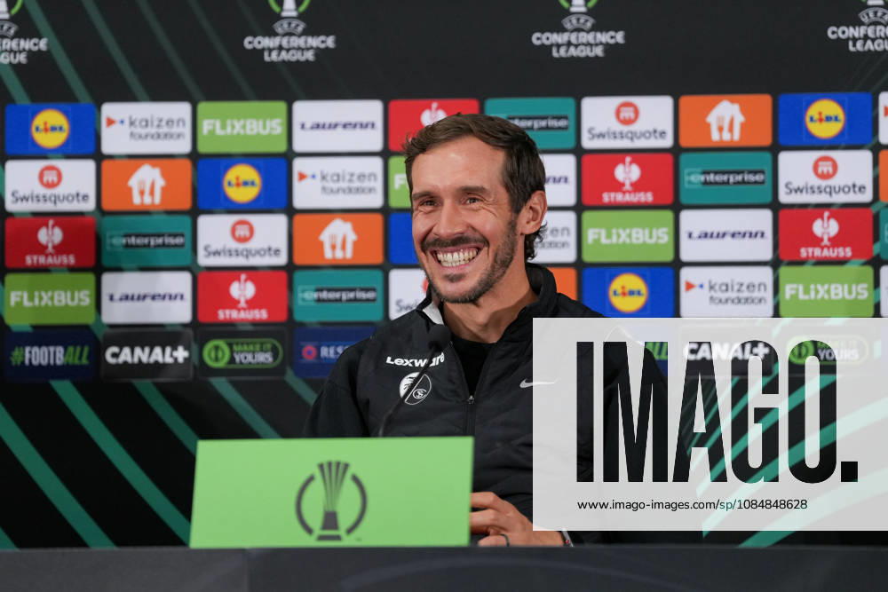 Julian Schuster, SC Freiburg, coach at the press conference, Monaco, soccer, UEFA Conference League, Matchday 2, group stage, 2026–2027, AS Monaco vs. SC Freiburg, October 21, 2026, Stade Louis II, Monaco, Monaco, Stade Louis II, Fontvieille, Monaco