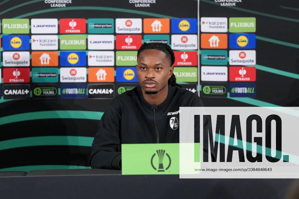 Jordy Makengo, SC Freiburg, 33, at the press conference, Monaco, soccer, UEFA Conference League, Matchday 2, group stage, 2026–2027, AS Monaco vs. SC Freiburg, October 21, 2026, Stade Louis II, Monaco, Monaco, Stade Louis II, Fontvieille, Monaco
