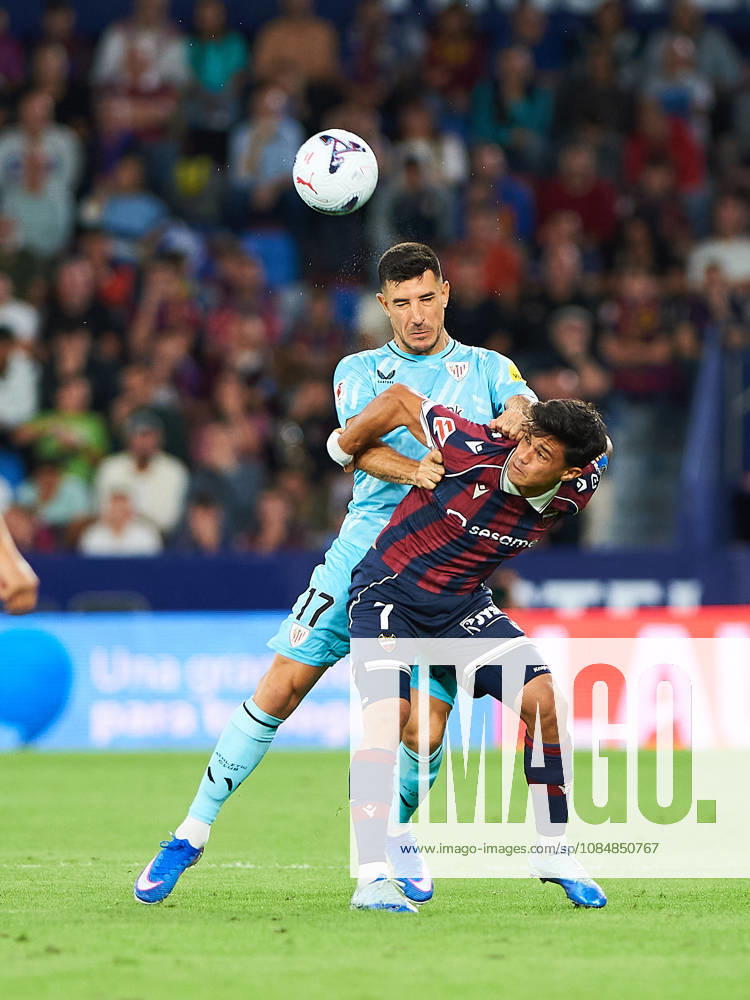Yuri Berchiche of Athletic Club and Roger Brugue of Levante UD during the LaLiga EA Sports match between Levante UD and Athletic Club at Estadi Ciutat de València on October 21, 2026, in Valencia, Spain