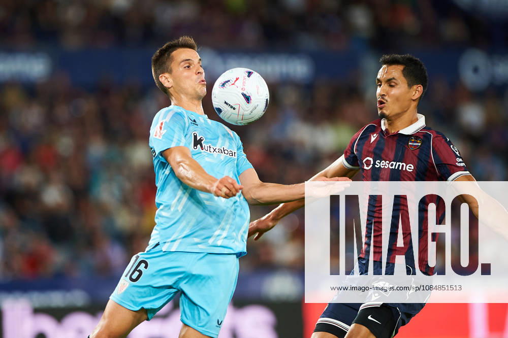 Inigo Ruiz de Galarreta of Athletic Club and Aissa Mandi of Levante UD during the LaLiga EA Sports match between Levante UD and Athletic Club at Estadi Ciutat de València on October 21, 2026, in Valencia, Spain