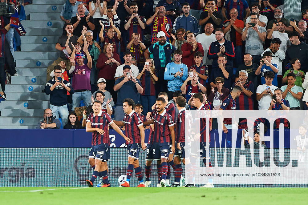 A Levante UD player celebrates after scoring his team s second goal during the LaLiga EA Sports match between Levante UD and Athletic Club at Estadi Ciutat de València on October 21, 2026, in Valencia, Spain