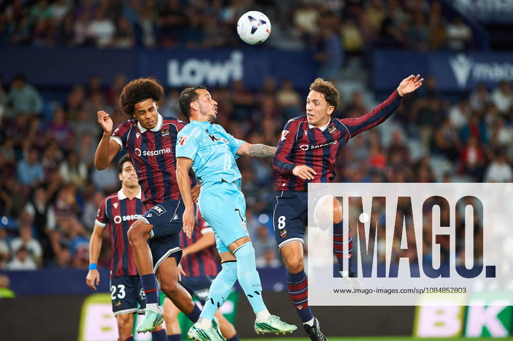 Ifeanyi Ndukwe of Levante UD, Alex Berenguer of Athletic Club, and Jon Ander Olasagasti of Levante UD during the LaLiga EA Sports match between Levante UD and Athletic Club at Estadi Ciutat de València on October 21, 2026, in Valencia, Spain