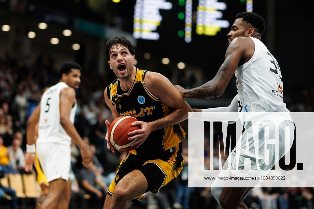 Benedict Turudic of KK Croatia Split goes head-to-head with Ejiofor Onu of the Gladiators Trier; Action: Vet Concept Gladiators Trier vs. KK Split, Basketball, FIBA Europe Cup, Matchday 3, 2026–2027 Season, October 21, 2026, Vet Concept Gladiators Trier vs. KK Split, Basketball, FIBA Europe Cup, Matchday 3, 2026–2027 Season