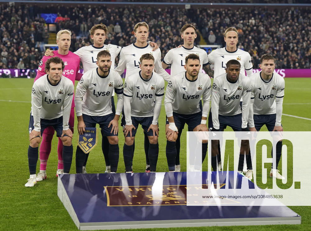 Birmingham, England, 21st October 2026. Viking FK starting eleven pose for a photograph before the Aston Villa vs Viking FK UEFA Champions League match at Villa Park, Birmingham. Picture credit should read: Andrew Yates Sportimage . SPI_009_AY_Villa_Viking SPI-5091-0009