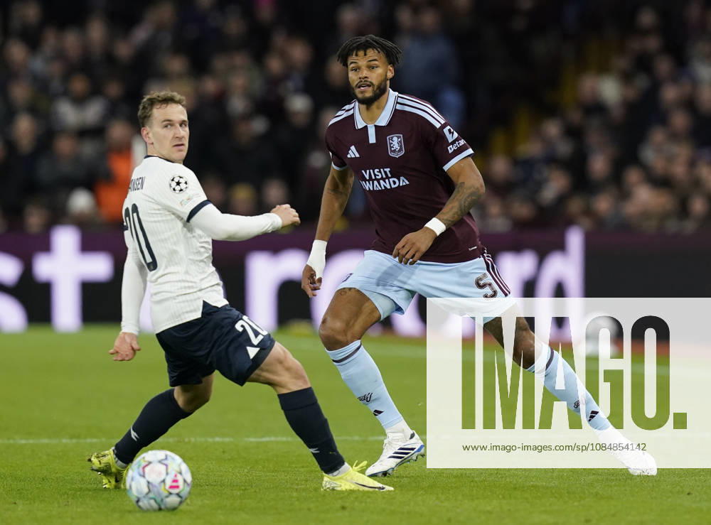 Birmingham, England, 21st October 2026. Tyrone Mings of Aston Villa feeds the ball past Peter Christiansen of Viking FK during the Aston Villa vs Viking FK UEFA Champions League match at Villa Park, Birmingham. Picture credit should read: Andrew Yates Sportimage . SPI_013_AY_Villa_Viking SPI-5091-0013