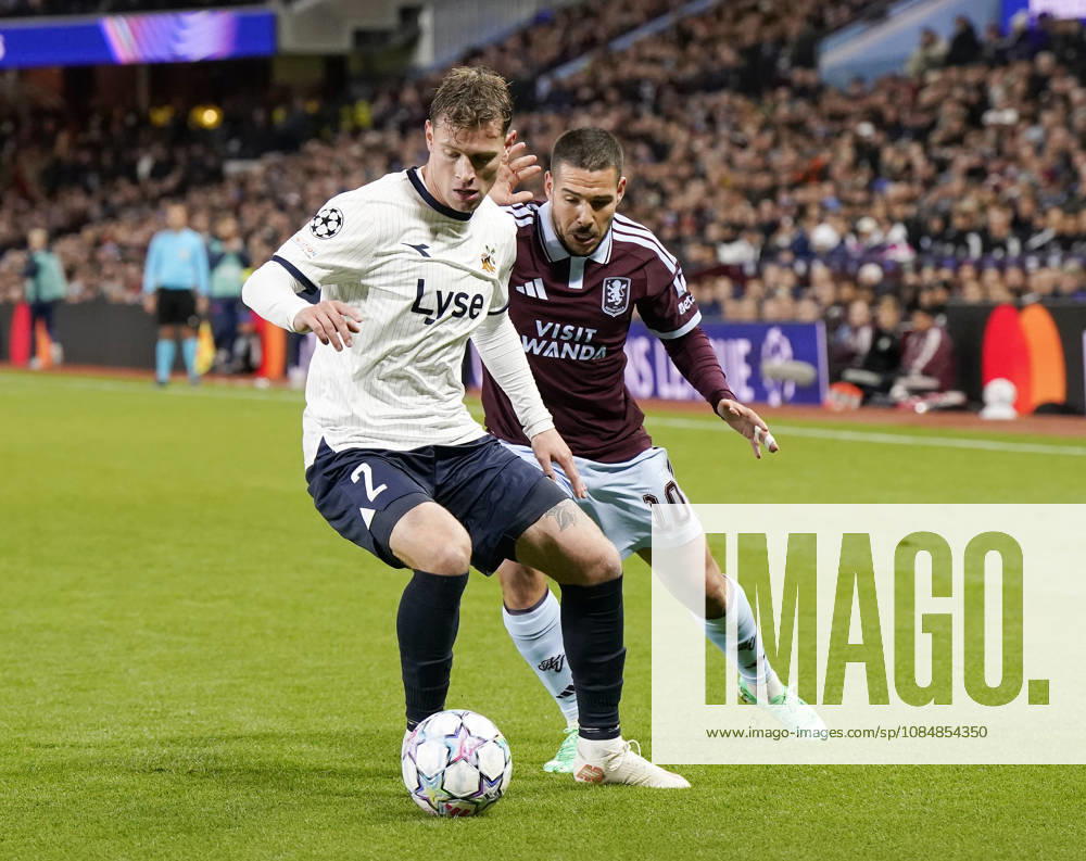 Birmingham, England, 21st October 2026. Herman Haugen of Viking FK pressured by Emiliano Buend?a of Aston Villa during the Aston Villa vs Viking FK UEFA Champions League match at Villa Park, Birmingham. Picture credit should read: Andrew Yates Sportimage . SPI_016_AY_Villa_Viking SPI-5091-0017