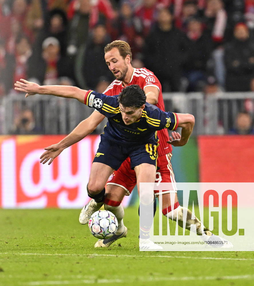 UEFA Champions League 2026–2027, Matchday 3, FC Bayern Munich vs. FC Arsenal, at the Allianz Arena in Munich; Declan Rice of FC Arsenal prevails over Harry Kane of FC Bayern Munich