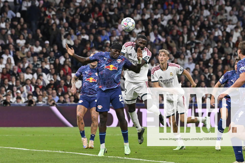 23 CASTELLO JR LUKEBA of RB Leipzig and 22 ANTONIO RUDIGER of Real Madrid CF disputes a ball during the match on Matchday 3 of the group stage of the 2026 27 UEFA Champions League between REAL MADRID C.F. and RB LEIPZIG, played at the Bernabo u Stadium on october 21, 2026, in Madrid, Spain. REAL MADRID C.F. Vs. RB LEIPZIG 10.21.26 - ZUMAc312 20261021_zsp_c312_185