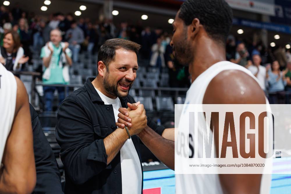 Florian Hosseini Goerge celebrates with Terrell Harris of the Gladiators Trier; cheering, joy, excitement. Vet Concept Gladiators Trier vs. KK Split, basketball, FIBA Europe Cup, Matchday 3, 2026–2027 season, October 21, 2026, Vet Concept Gladiators Trier vs. KK Split, basketball, FIBA Europe Cup, Matchday 3, 2026–2027 season