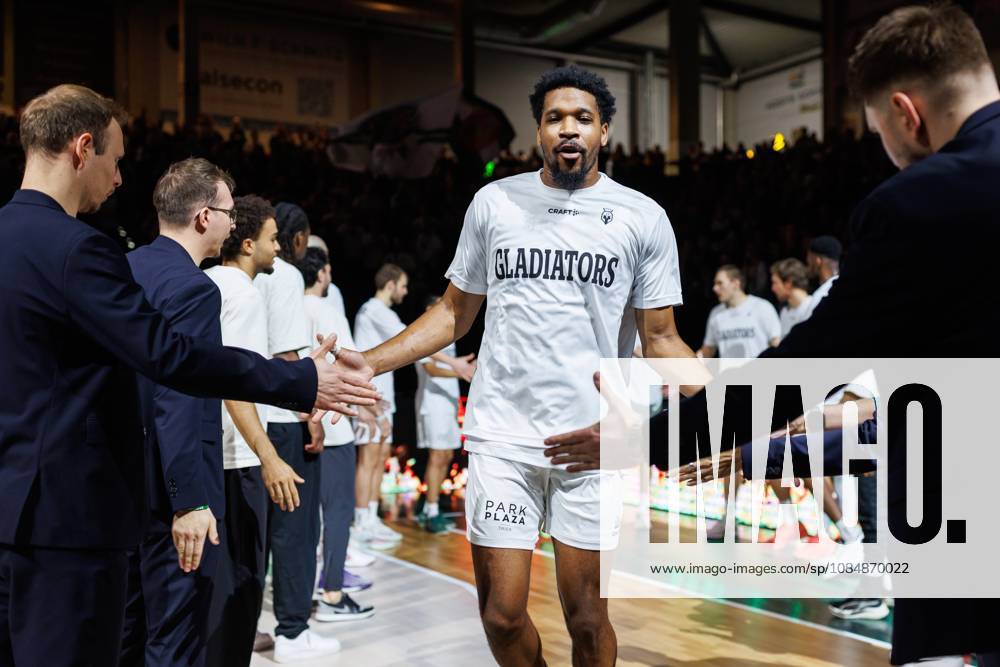 Justin Simon, Gladiators Trier, during the walkout; emotions; gestures; facial expressions; portrait. Vet Concept Gladiators Trier vs. KK Split, basketball, FIBA Europe Cup, Matchday 3, 2026–2027 season, October 21, 2026 Vet Concept Gladiators Trier vs. KK Split, basketball, FIBA Europe Cup, Matchday 3, 2026–2027 season