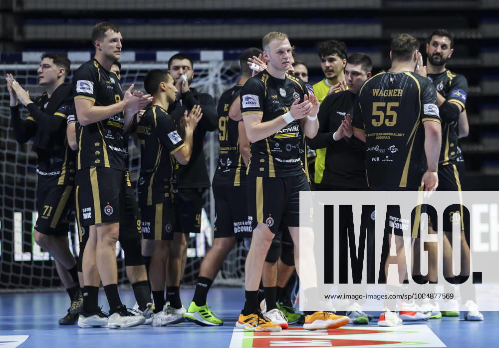 Partizan v Porto - EHF Champions League from left Milija Papovic, Uladzislau Kulesh, Lazar Andjelkovic, Sergei Ivanov, Tobias Wagner, Ilija Abutovic of Partizan celebrate during the EHF Champions League Season 2026 2027 Group Phase match between RK Partizan v FPorto at Aleksandar Nikolic Hall on October 21, 2026 in Belgrade, Serbia. Belgrade Serbia