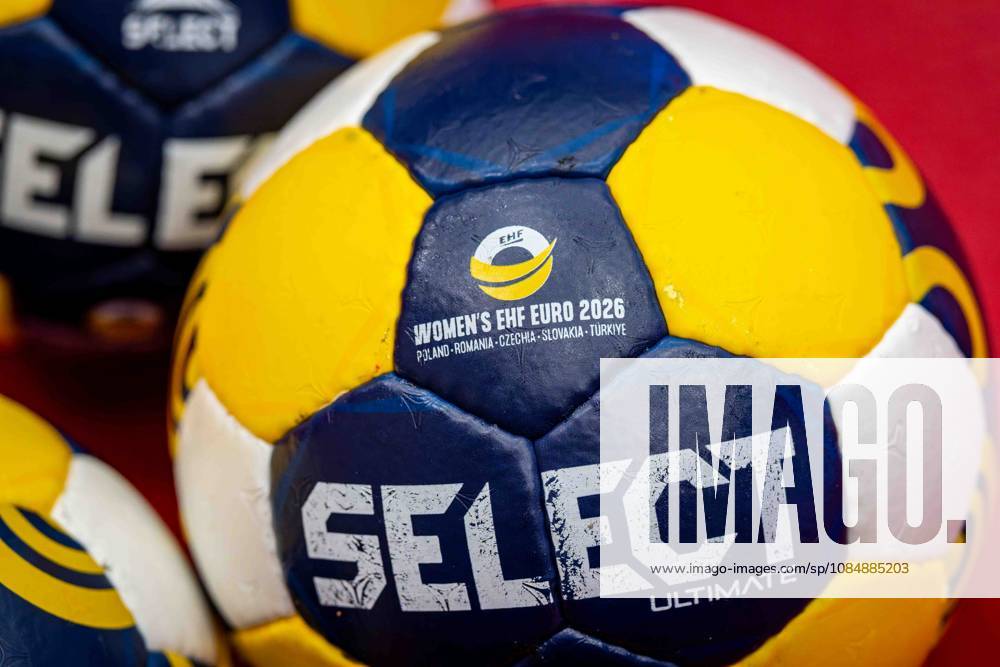 HANDBALL - AUT vs FRO, test match TULLN,AUSTRIA,22.OCT.26 - HANDBALL - OEHB international test match, ladies, Austria vs Faroe Islands. Image shows a feature of a match ball with the Womens EHF Euro 2026 Logo. GEPAxpictures Hackner