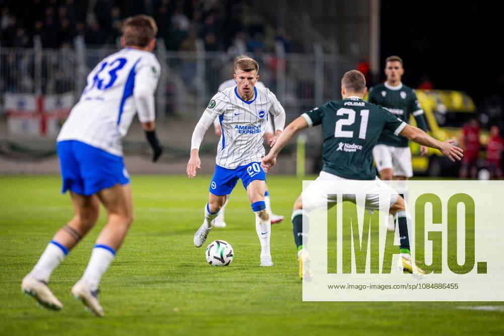 JABLONEC - BRIGHTON Costinha of Brighton and Matej Polidar of Jablonec during the matchday 2 of League phase round of UEFA Conference league football match between FK Jablonec and Brighton and Hove Albion at Stadion Strelnice. Jablonec nad Nisou, Czechia, October 22, 2026. Photo by Branislav Racko
