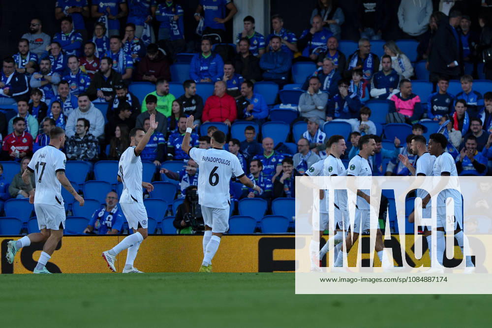 Players of Lugano celebrating after goal scored by Yanis Cimignani seen during UEFA Conference League 2026 27 League Phase, matchday 3 between Getafe CF and FC Lugano (Marta Lopez Ball Raw Images) Getafe Stadio Coliseum Spain