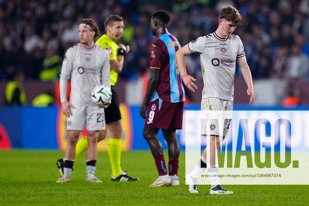James Wilson of Heart of Midlothian after being tackled by Samet Akaydin of Trabzonspor. Trabzonspor v Heart of Midlothian, UEFA Conference League, Football, Papara Park, Trabzon, Turkey - 22 Oct 2026Trabzon Papara Park Turkey