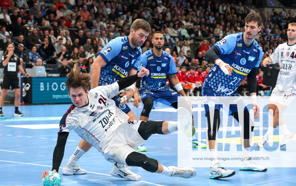 Germany, Stuttgart, Opel HBL, 2026–2027 Bundesliga, TVB Stuttgart vs. SG BBM Bietigheim, from left: Maxim Orlov (BBM), Malte Donker (TVB)