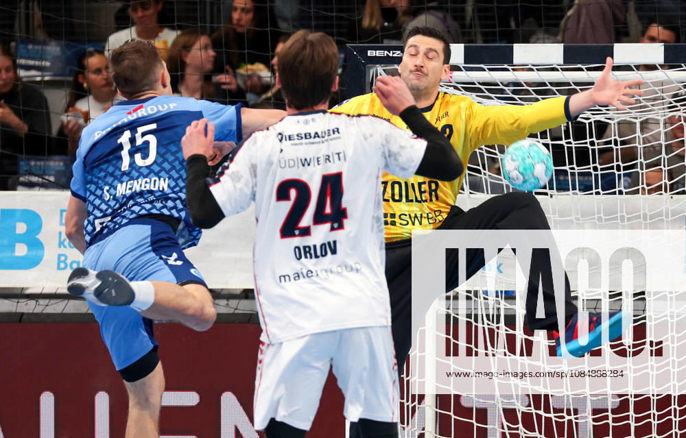 Germany, Stuttgart, Opel HBL, 2026–2027 Bundesliga, TVB Stuttgart vs. SG BBM Bietigheim, from left: Simone Mengon (TVB), Maxim Orlov (BBM), Martin Tomovski (BBM),
