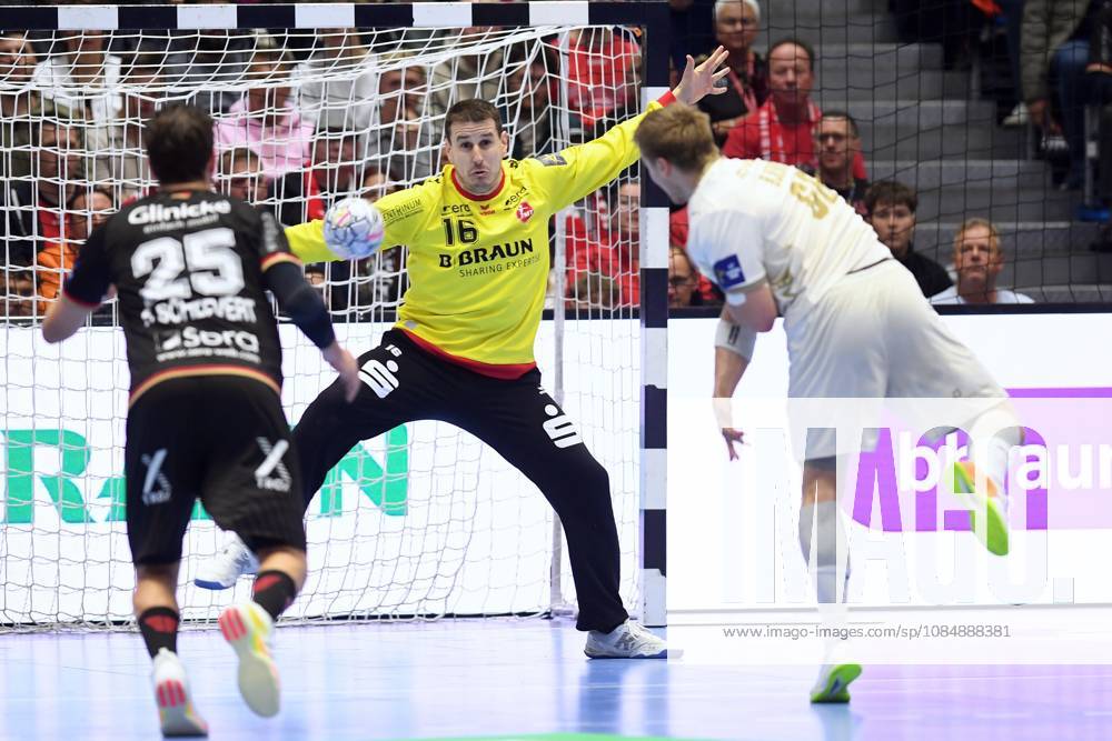 Frederik Friche Bjerre of Wisla Plock 66 fails to score as his shot is stopped by Nebojsa Simic, goalkeeper for MT Melsungen 16; Olle Forsell Schefvert of MT Melsungen 25 L, GER, MT Melsungen vs. Orlen Wisla Plock (POL), Handball, Men’s Champions League, Group Matches, 2026–2027 Season, October 22, 2026, GER, MT Melsungen vs. Orlen Wisla Plock, Men’s Champions League, Group Match, 2026–2027 Season, October 22, 2026, Kassel