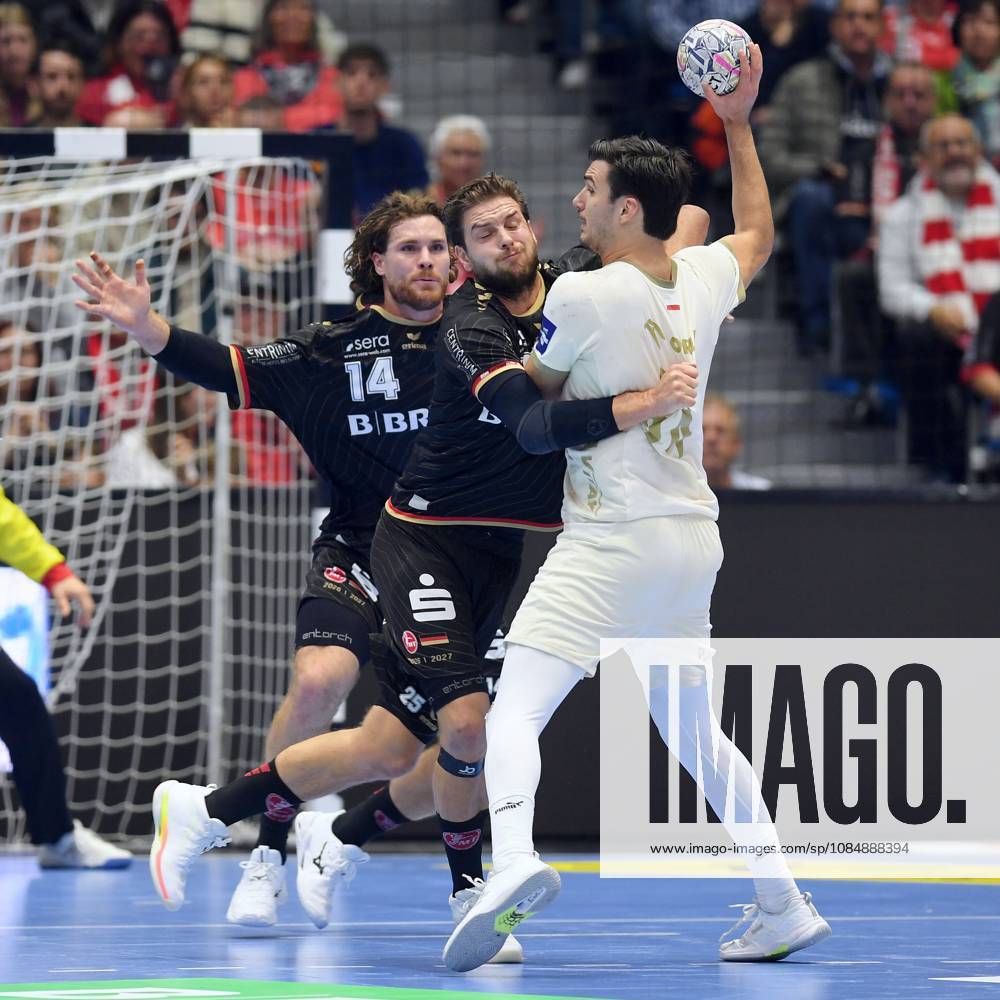 Gergoe Fazekas, Wisla Plock 24, on offense; Johannes Golla, MT Melsungen 14; and Olle Forsell Schefvert, MT Melsungen 25, on defense; GER, MT Melsungen vs. Orlen Wisla Plock (POL), Handball, Men’s Champions League, Group Matches, 2026–2027 Season, October 22, 2026, GER, MT Melsungen vs. Orlen Wisla Plock, Men’s Champions League, Group Match, 2026–2027 Season, October 22, 2026, Kassel