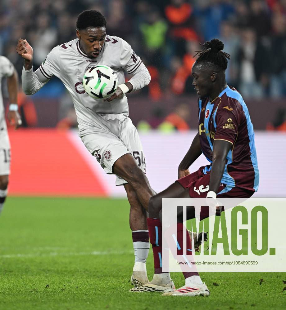 Trabzonspor v Hearts - UEFA Conference League TRABZON, TURKIYE - OCTOBER 22: Batista Mendy (R) of Trabzonspor in action against Malachi Fagan-Walcott of Hearts during UEFA Conference League week 2 football match between Trabzonspor and Hearts at Papara Park in Trabzon, Turkiye on October 22, 2026. Hakan Burak Altunoz Anadolu Trabzon Turkey. Editorial use only. Please get in touch for any other usage.