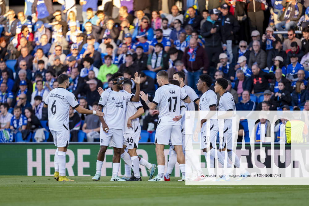 Getafe CF v FC Lugano - UEFA Conference League 2026 27 League Phase MD2 GETAFE, SPAIN - OCTOBER 22: Players of FC Lugano (from L to R) Antonios Papadopoulos, Mattia Zanotti, Lukas Mai, Dereck Moncada, Yanis Cimignani celebrates a goal during the UEFA Conference League 2026 27 League Phase MD2 match between Getafe CF and FC Lugano at Estadio Coliseum on October 22, 2026 in Getafe, Spain. Madrid Estadio Coliseum Madrid Spain