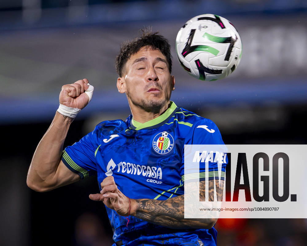 Getafe CF v FC Lugano - UEFA Conference League 2026 27 League Phase MD2 GETAFE, SPAIN - OCTOBER 22: Martin Satriano of Getafe CF heads the ball during the UEFA Conference League 2026 27 League Phase MD2 match between Getafe CF and FC Lugano at Estadio Coliseum on October 22, 2026 in Getafe, Spain. Madrid Estadio Coliseum Madrid Spain