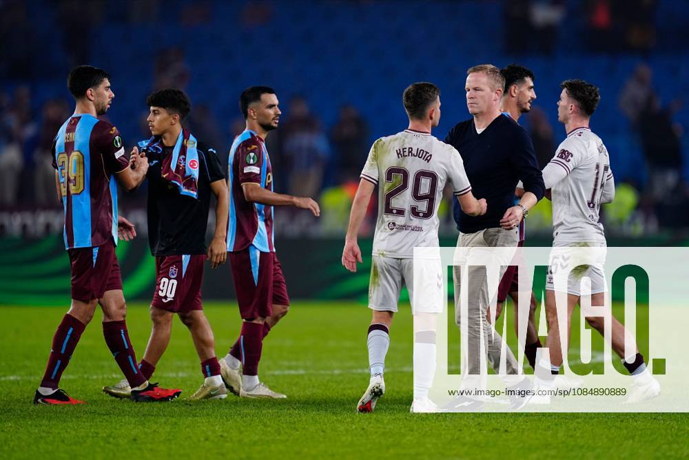 Manager of Heart of Midlothian Wouter Vrancken talks to Sabah Kerjota of Heart of Midlothian after the game. Trabzonspor v Heart of Midlothian, UEFA Conference League, Football, Papara Park, Trabzon, Turkey - 22 Oct 2026Trabzon Papara Park Turkey