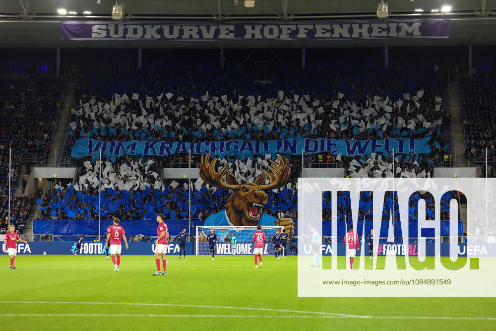 Sinsheim, Germany, October 22: TSG Hoffenheim fan choreography, fans, atmosphere, scarves, jerseys, and emotions during the UEFA Europa League Matchday 3 game on October 27, 2026, between TSG Hoffenheim and Olympique Lyon at the Rhein-Neckar Arena in Sinsheim, Germany, 2026 in Sinsheim, Germany