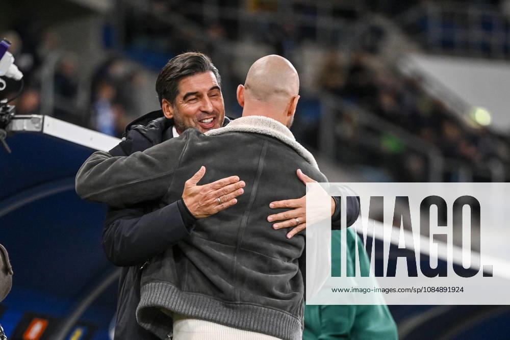 Coach Paulo Fonseca of Olympique Lyon and Coach Christian Ilzner of TSG 1899 Hoffenheim greet each other during the 2026-27 UEFA Europa League group stage match between TSG 1899 Hoffenheim and Olympique Lyonnais at the Rhein-Neckar Arena on October 22, 2026 in Sinsheim, Germany. Photo by Harry Langer, DeFodi Images