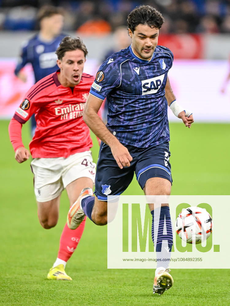 Rémi Himbert of Olympique Lyon and Ozan Kabak of TSG 1899 Hoffenheim battle for the ball during the UEFA Europa League 2026-27 group stage match between TSG 1899 Hoffenheim and Olympique Lyonnais at Rhein-Neckar Arena on October 22, 2026 in Sinsheim, Germany. Photo by Harry Langer, DeFodi Images