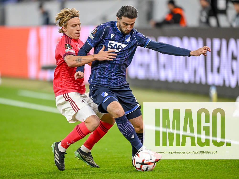 Mads Bidstrup of Olympique Lyon and Leon Avdullahu of TSG 1899 Hoffenheim battle for the ball during the UEFA Europa League 2026–27 group stage match between TSG 1899 Hoffenheim and Olympique Lyonnais at the Rhein-Neckar Arena on October 22, 2026 in Sinsheim, Germany. Photo by Harry Langer, DeFodi Images