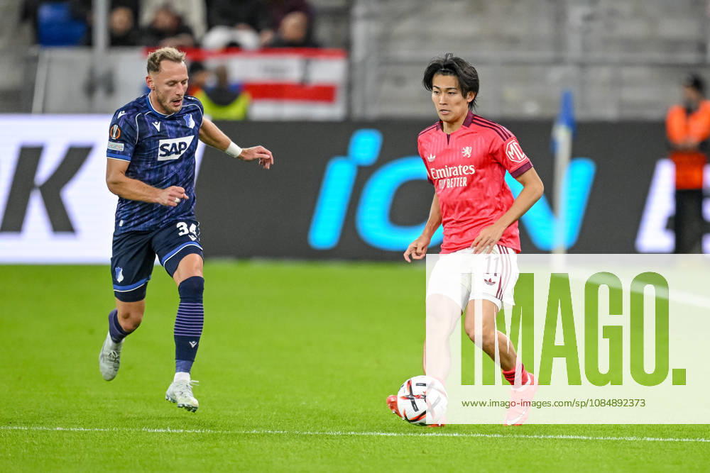 Vladimir Coufal of TSG 1899 Hoffenheim and Keito Nakamura of Olympique Lyon battle for the ball during the UEFA Europa League 2026-27 group stage match between TSG 1899 Hoffenheim and Olympique Lyonnais at Rhein-Neckar Arena on October 22, 2026 in Sinsheim, Germany. Photo by Harry Langer, DeFodi Images