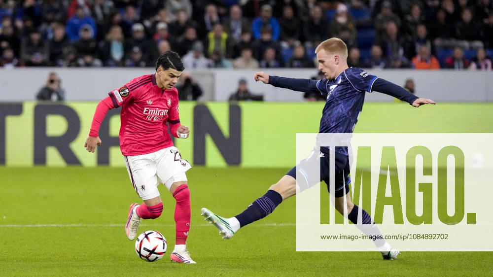 V li Kail Boudache OL, 26, Mats Rots Hoffenheim, 39, tackle, game scene, duel, tackle, tackling, dynamic, action, 10 22 2026, Sinsheim, Germany, soccer, UEFA Europa League, TSG 1899 Hoffenheim vs. Olympique Lyon, DFB and DFL regulations prohibit any use of photographs as image sequences and or quasi-video
