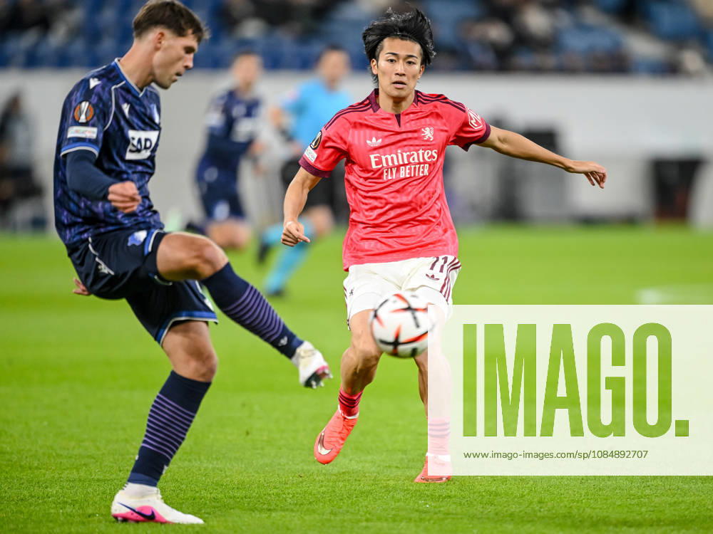 Robin Hranac of TSG 1899 Hoffenheim and Keito Nakamura of Olympique Lyon battle for the ball during the UEFA Europa League 2026-27 group stage match between TSG 1899 Hoffenheim and Olympique Lyonnais at Rhein-Neckar Arena on October 22, 2026 in Sinsheim, Germany. Photo by Harry Langer, DeFodi Images