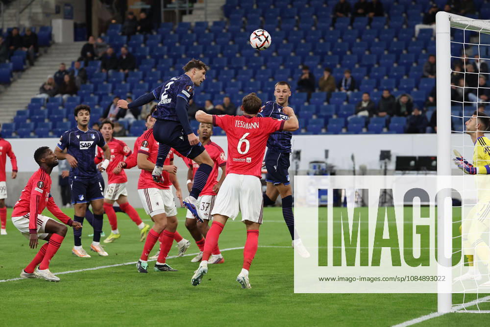 Sinsheim, Germany, October 22: Robin Hranac of TSG 1899 Hoffenheim in action, with goalkeeper Dominik Greif of Olympique Lyon in possession of the ball during the UEFA Europa League Group Stage Matchday 3 game on October 27, 2026, between TSG Hoffenheim and Olympique Lyon at the Rhein-Neckar Arena in Sinsheim, 2026 in Sinsheim, Germany