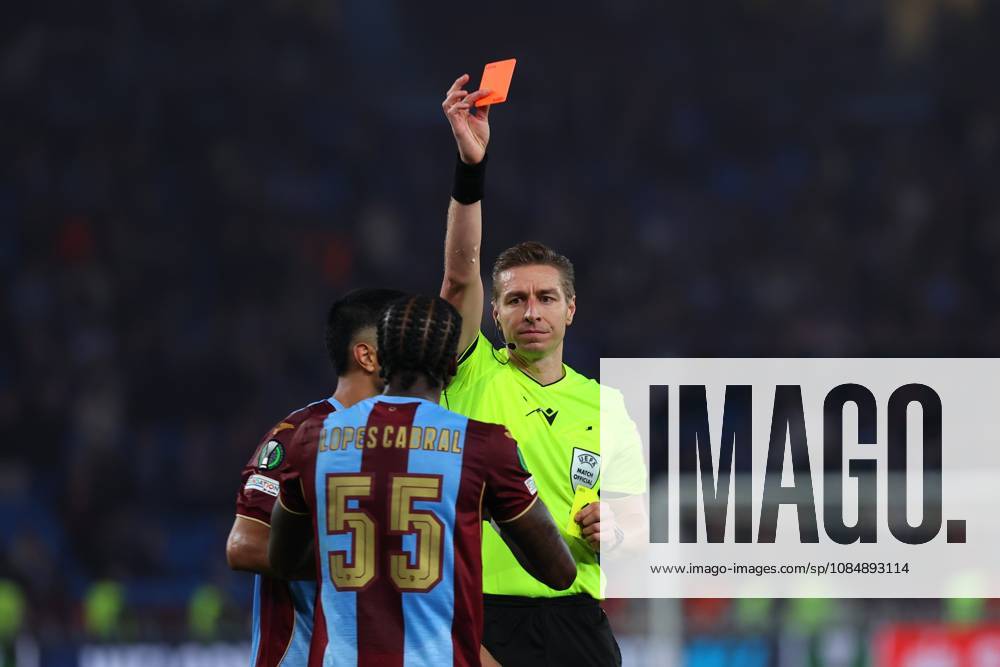 Trabzonspor v Hearts - UEFA Conference League TRABZON, TURKIYE - OCTOBER 22: Sidny Lopes Cabral of Trabzonspor receives red card during UEFA Conference League week 2 football match between Trabzonspor and Hearts at Papara Park in Trabzon, Turkiye on October 22, 2026. Hasan Tascan Anadolu Trabzon Turkey. Editorial use only. Please get in touch for any other usage.