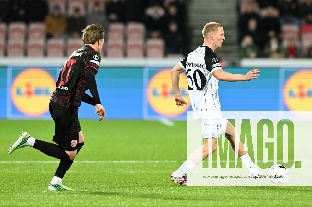 Midtjylland s Sofus Johannesen and STVV s Robert-Jan Vanwesemael pictured in action during a soccer game between Danish FC Midtjylland and Belgian Sint-Truidense VV, Thursday 22 October 2026 in Herning, Denmark, on the second day of the UEFA Conference League league phase. JILLxDELSAUX x190688398x