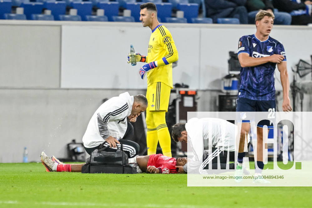 Steeve Kango of Olympique Lyon lies injured on the field during the 2026-27 UEFA Europa League group stage match between TSG 1899 Hoffenheim and Olympique Lyonnais at the Rhein-Neckar Arena on October 22, 2026, in Sinsheim, Germany. Photo by Harry Langer, DeFodi Images