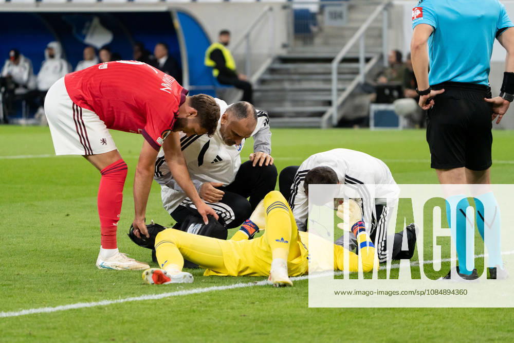 Dominik Greif of Olympique Lyon, No. 01, is on the ground receiving treatment, GER, TSG 1899 Hoffenheim vs. Olympique Lyon, Soccer, Europa League, Matchday 3, 2026–2027 Season, October 22, 2026, GER, TSG 1899 Hoffenheim vs. Olympique Lyon, Soccer, Europa League, Matchday 3, 2026–2027 season, October 22, 2026, Sinsheim