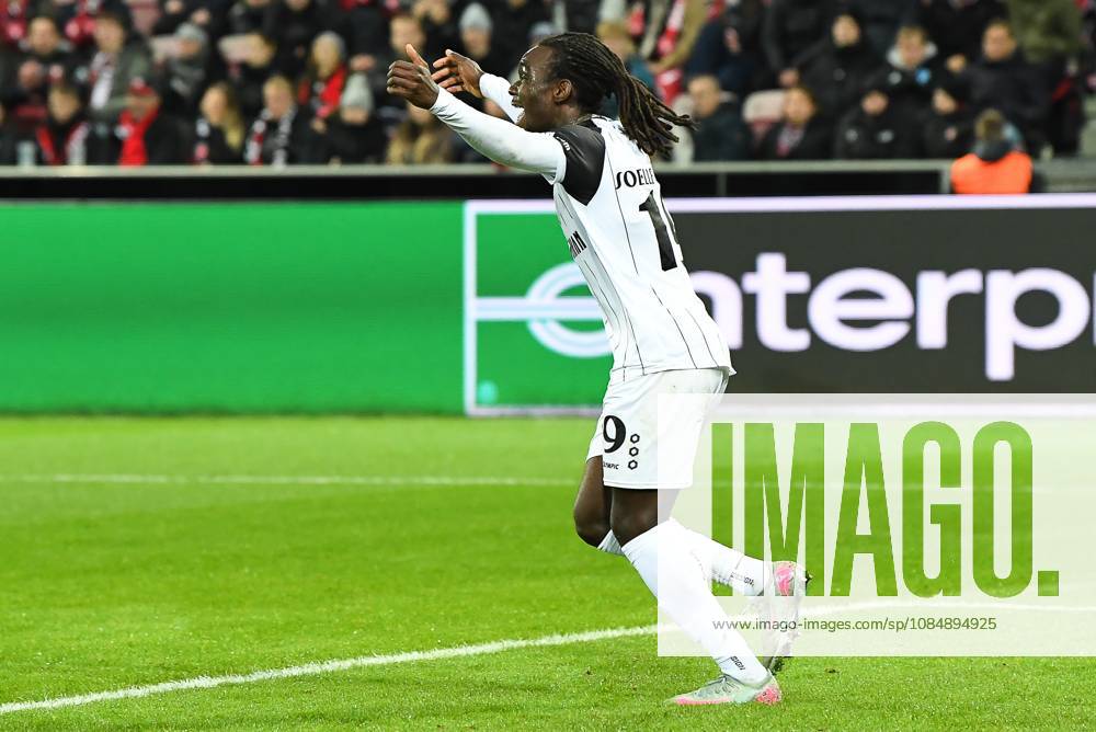 STVV s Frederic Soelle Soelle celebrates after scoring during a soccer game between Danish FC Midtjylland and Belgian Sint-Truidense VV, Thursday 22 October 2026 in Herning, Denmark, on the second day of the UEFA Conference League league phase. JILLxDELSAUX x190693132x