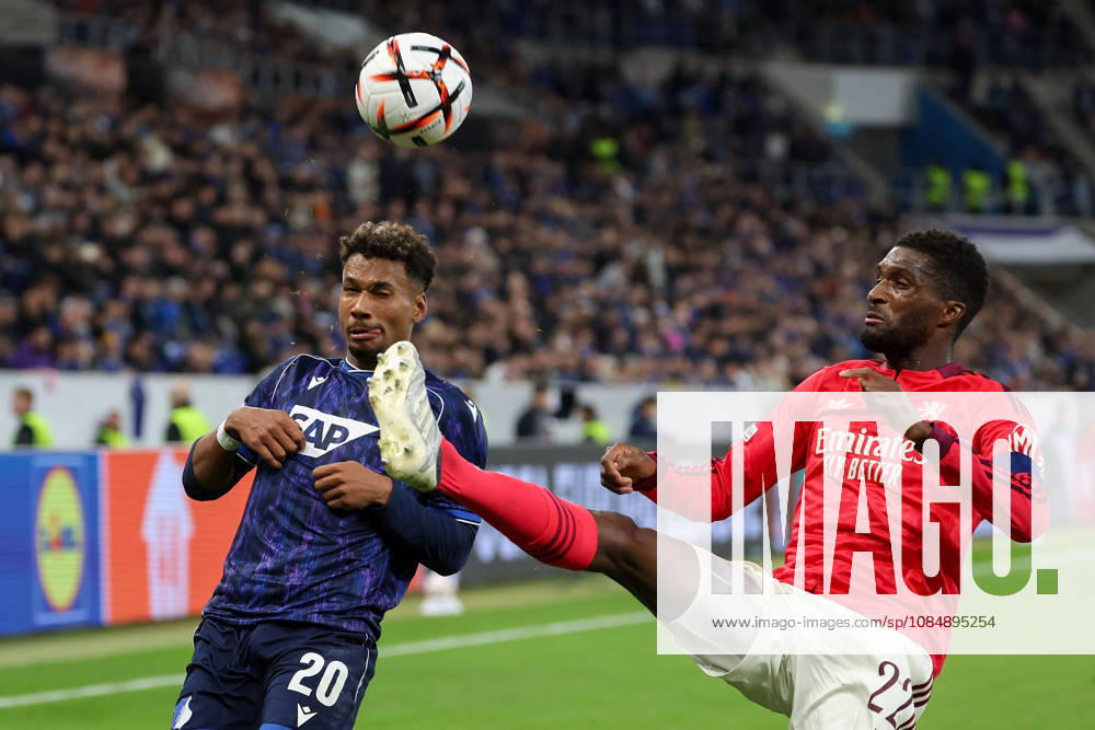 Sinsheim, Germany, October 22: Bambase Conte of TSG 1899 Hoffenheim and Clinton Mata of Olympique Lyon battle for the ball during the UEFA Europa League Matchday 3 game on October 27, 2026, between TSG Hoffenheim and Olympique Lyon at the Rhein-Neckar Arena in Sinsheim, Germany, 2026 in Sinsheim, Germany