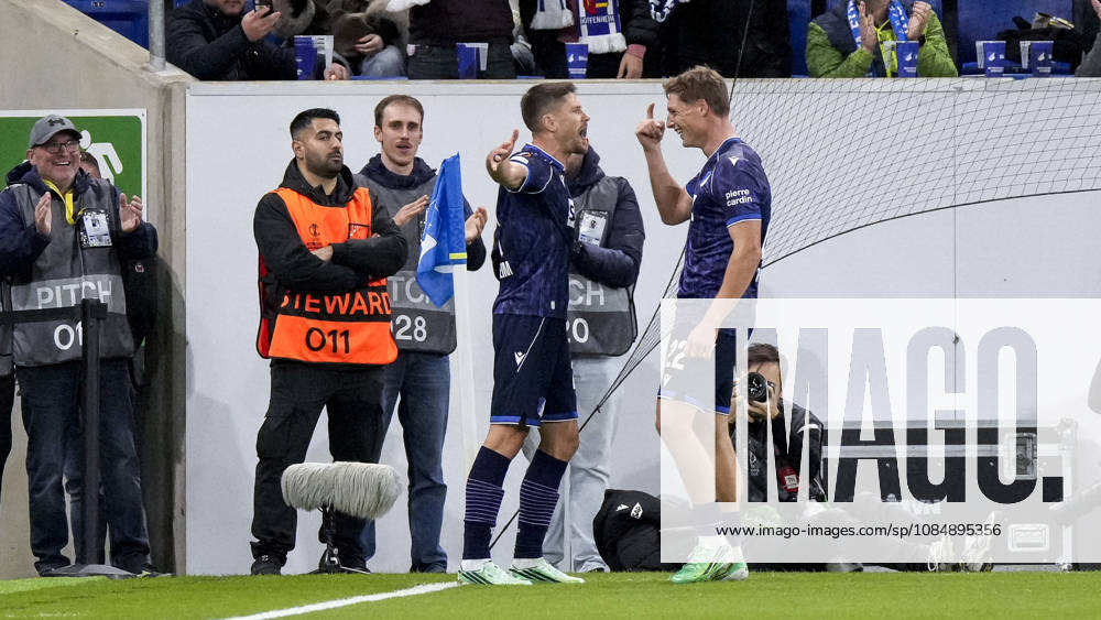 From left: Goal scorer Andrej Kramaric (Hoffenheim), 27; Alexander Prass (Hoffenheim), 22; players from TSG 1899 Hoffenheim celebrate the 1-0 goal, Celebration, goal celebration, scoring a goal, celebrate the goal, goal, celebration, celebrating the goal, joy, happiness, happy, optimistic, positive, game scene, highlight, action, 22 10 2026, Sinsheim, Germany, soccer, UEFA Europa League, TSG 1899 Hoffenheim vs. Olympique Lyon, DFB and DFL regulations prohibit any use of photographs as image sequences and or quasi-video