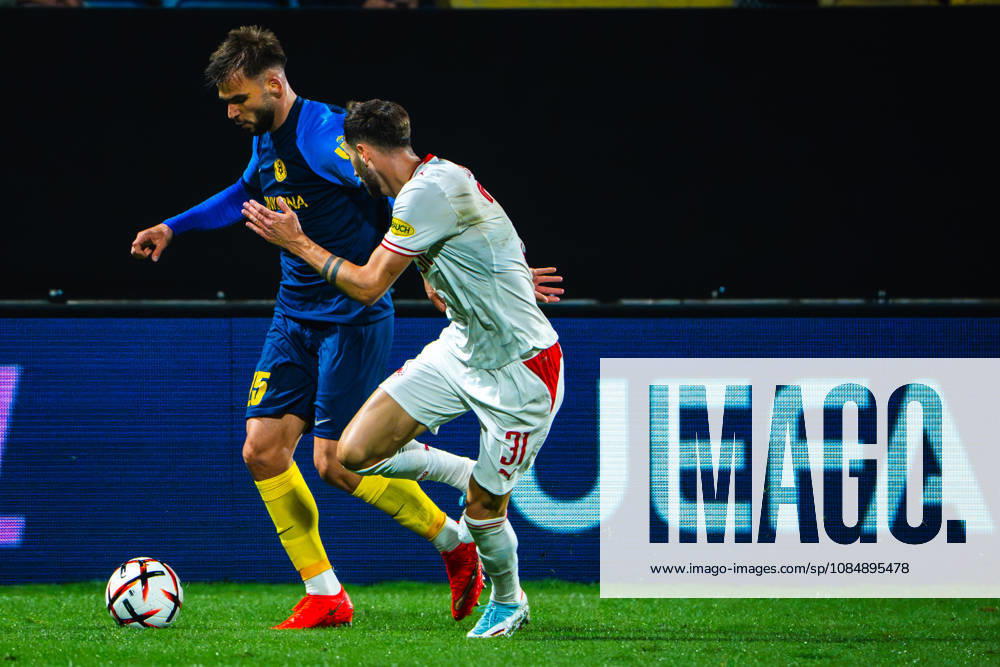 Veton Tusha of Celje (L) in action against Dominik Schmid of Salzburg (R) during the UEFA Europa League match between Celje (Slovenia) and Salzburg (Austria) at Stadion Celje, Celje on October 22, 2026 in Celje, Slovenia. (Photo by Andraz Corel Sports Press Photo).