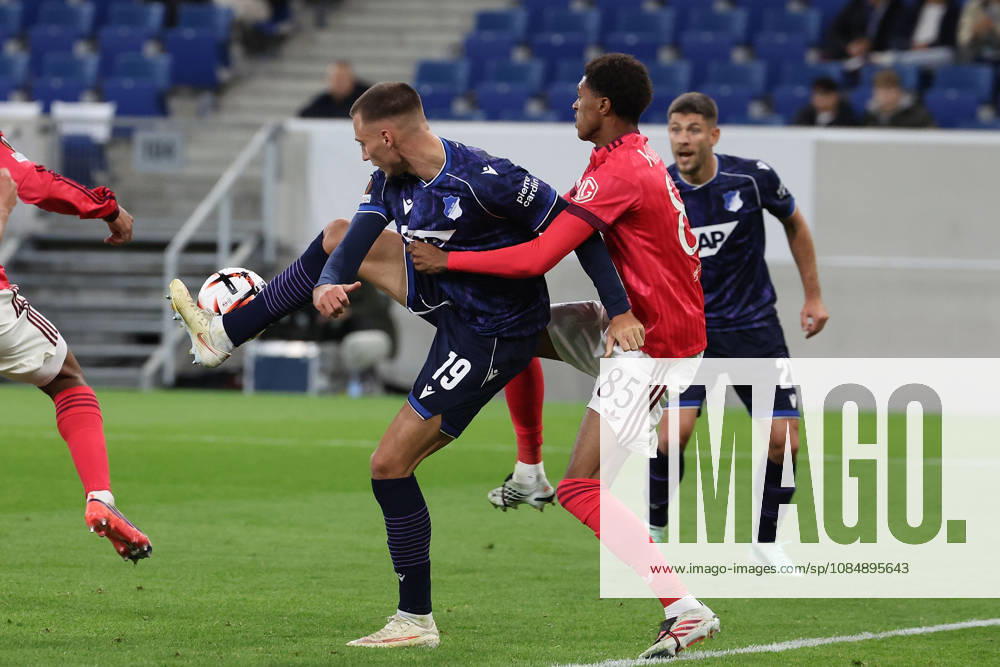 Sinsheim, Germany, October 22, Tim Lemperle, TSG 1899 Hoffenheim, Noham Kamara, Olympique Lyon, and Andrej Kramaric of TSG 1899 Hoffenheim battle for the ball during the UEFA Europa League Group Stage Matchday 3 game on October 27, 2026, between TSG Hoffenheim and Olympique Lyon at the Rhein-Neckar Arena in Sinsheim, Germany, 2026 in Sinsheim, Germany