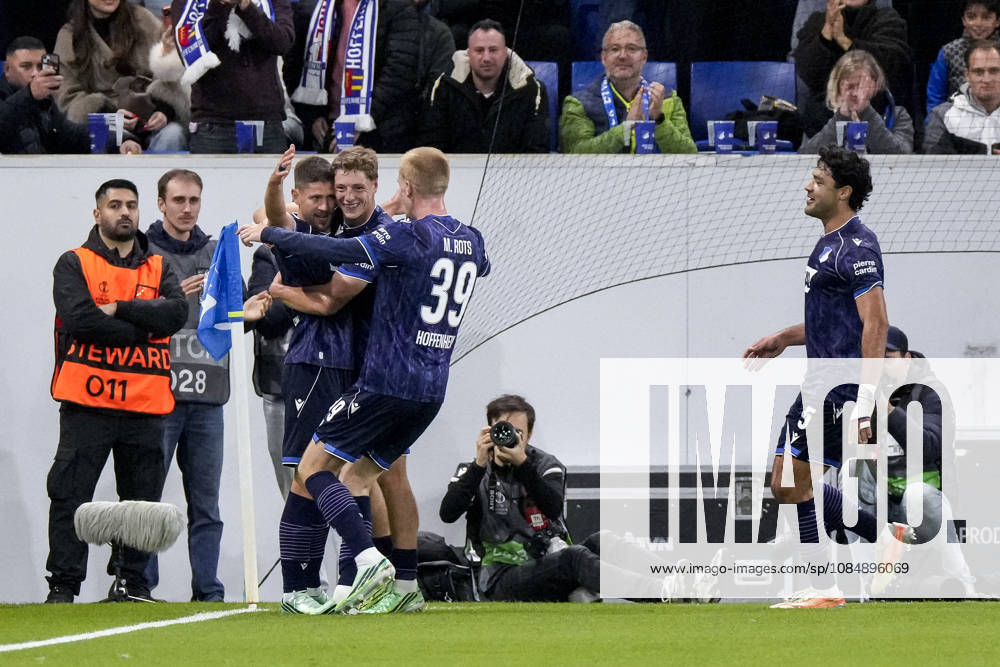 From left: Goal scorer Andrej Kramaric (Hoffenheim), 27, Alexander Prass of Hoffenheim, 22, Mats Rots of Hoffenheim, 39, Ozan Muhammed Kabak of Hoffenheim, 5, players from TSG 1899 Hoffenheim, celebrating the 1-0 goal, Celebration, Goal celebration, Goal scored, celebrating the goal, goal, celebration, celebrating the goal, Rejoicing, Joy, happy, optimistic, positive, Game scene, Highlight, Action, 22 10 2026, Sinsheim, Germany, soccer, UEFA Europa League, TSG 1899 Hoffenheim vs. Olympique Lyon, DFB and DFL regulations prohibit any use of photographs as image sequences and or quasi-video
