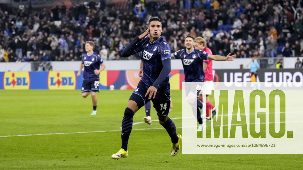 Goal scorer Adam Daghim Hoffenheim, 14, a player for TSG 1899 Hoffenheim, celebrates the 2-0 goal; celebration, celebrating, goal celebration, goal scored, celebrate the goal, goal, celebration, celebrating the goal, joy, happiness, happy, optimistic, positive, game scene, highlight, cropped image, full-body shot, single frame, single photo, action, 10 22 2026, Sinsheim, Germany, soccer, UEFA Europa League, TSG 1899 Hoffenheim vs. Olympique Lyon, DFB and DFL regulations prohibit any use of photographs as image sequences and or quasi-video